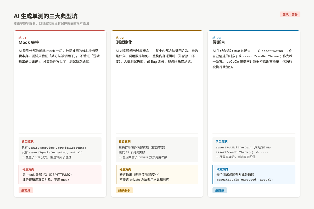 AI生成单测的三大典型坑:Mock失控、测试脆化、假断言