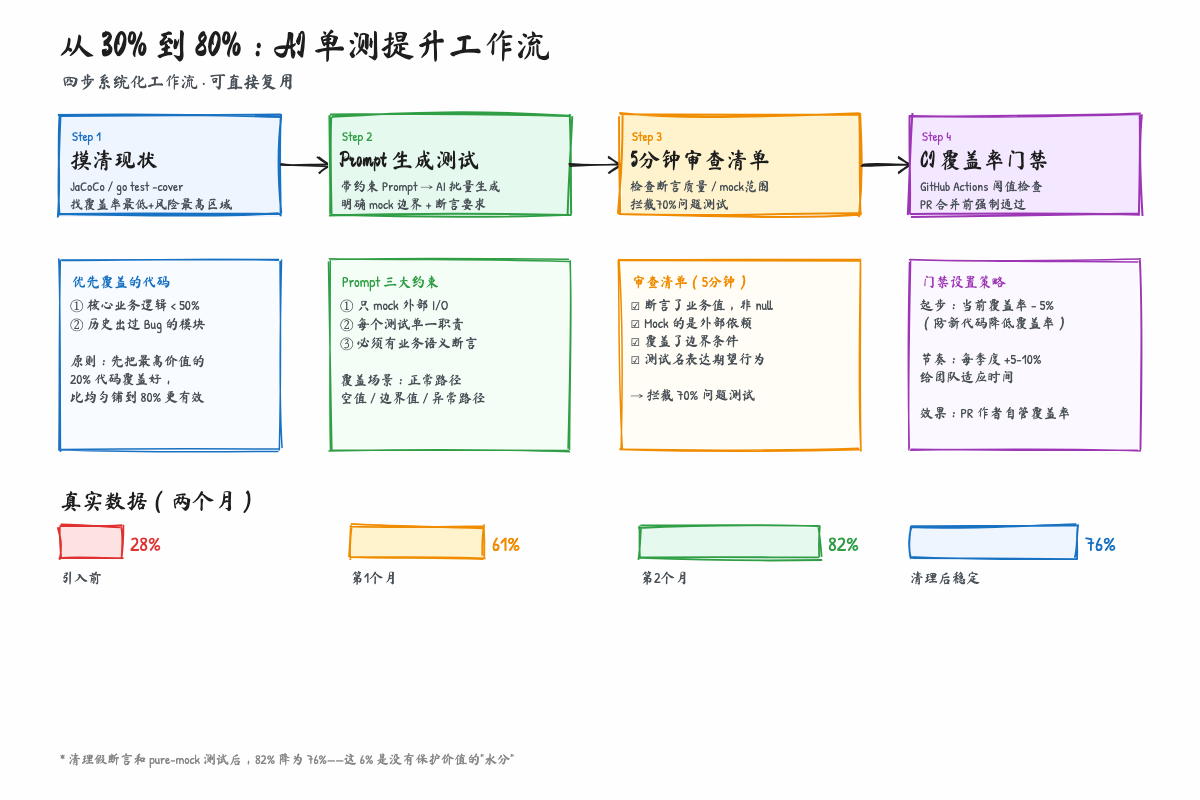 从30%到80%的AI单测提升工作流:四步系统化流程与真实数据